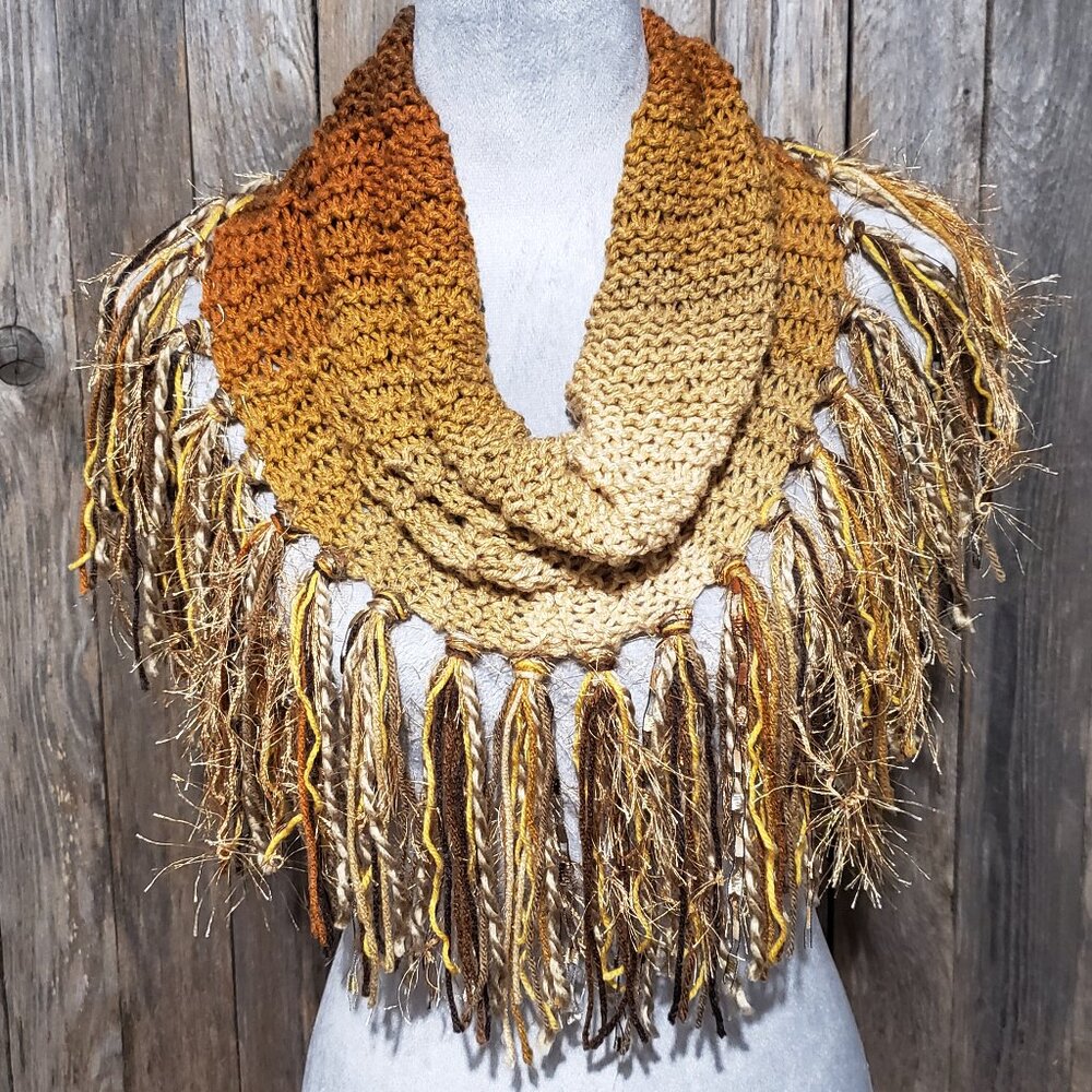 NEW Hand Knitted Brown Orange Ombre Infinity Boho Cowl Scarf Fringe Women's‎